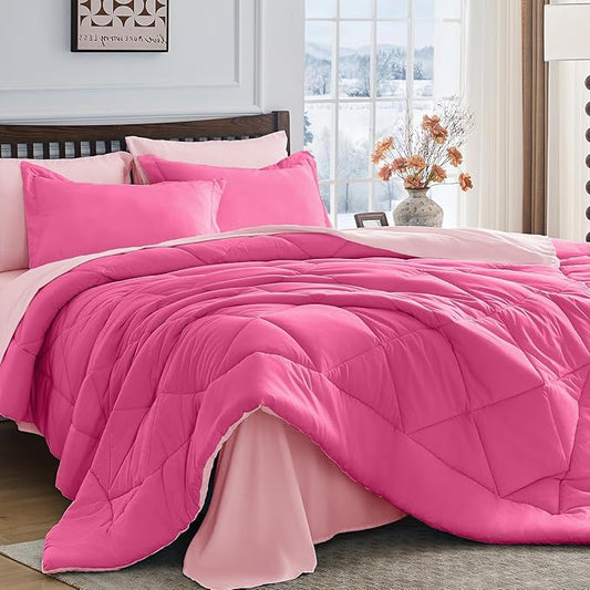 HEVUMYI Hot Pink & Baby Pink Cali-King Comforter Set - 7-Piece All Season Bed in a Bag Cali-King, Ultra Soft Bedding Set with Comforter, Flat Sheet, Fitted Sheet, Pillowcases, Pillow Shams