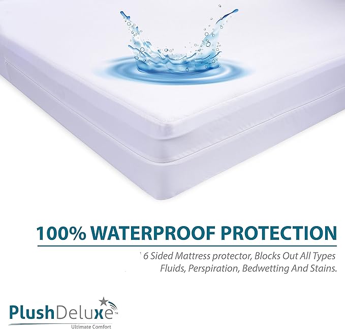 PlushDeluxe Premium 100% Waterproof Mattress Encasement, Breathable Soft Cotton Terry Surface (9"-12" Deep, Twin 39X75)