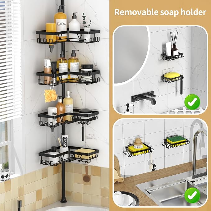 DAOYA Corner Shower Caddy - 4-Tier Shower Caddy Tension Pole with 2 Removable Soap holders Bathroom Shampoo Holder for Bathtub & Corner, Black, Floor to Ceiling 25-114.2 inch - Image 2