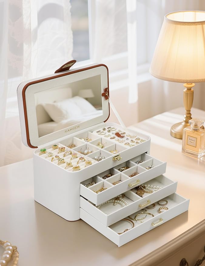 KAMIER Jewelry Boxes for Women, 4 Layer Jewelry Organizer with Mirror, 3 Drawers, Jewelry Storage Box, Christmas Gift, for Earring, Necklace, Bracelet, Ring, White - Image 8
