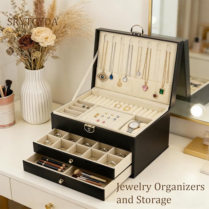SRTCYDA Jewelry Box for Women, Large PU Leather jewelry organizers and storage, 3-Layer Jewelry Storage with 2 Drawers, Space-Saving Design for Vanity, Holds All Types of Jewelry (Black) - Image 7