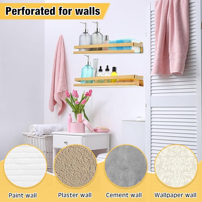 Lallisa 2 Pieces Stainless Steel Shelf Bathroom Shower Floating Shelves Wall Mounted Shower Caddy Basket Shelf Storage Organizer Shelves for Bathroom, Kitchen, Living Room(15.75 Inch/ 40 cm,Gold) - Image 5