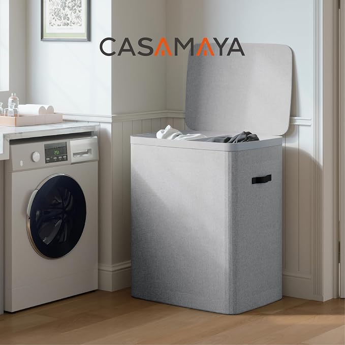 CASAMAYA Laundry Basket with Lid, Laundry Hamper 2 Section, 170L collapsible Laundry Organizer, Easy Assembly, with Handles and Removable Liners, 22 x 15.7 x 29.5 Inches, Gray JSP903G - Image 2