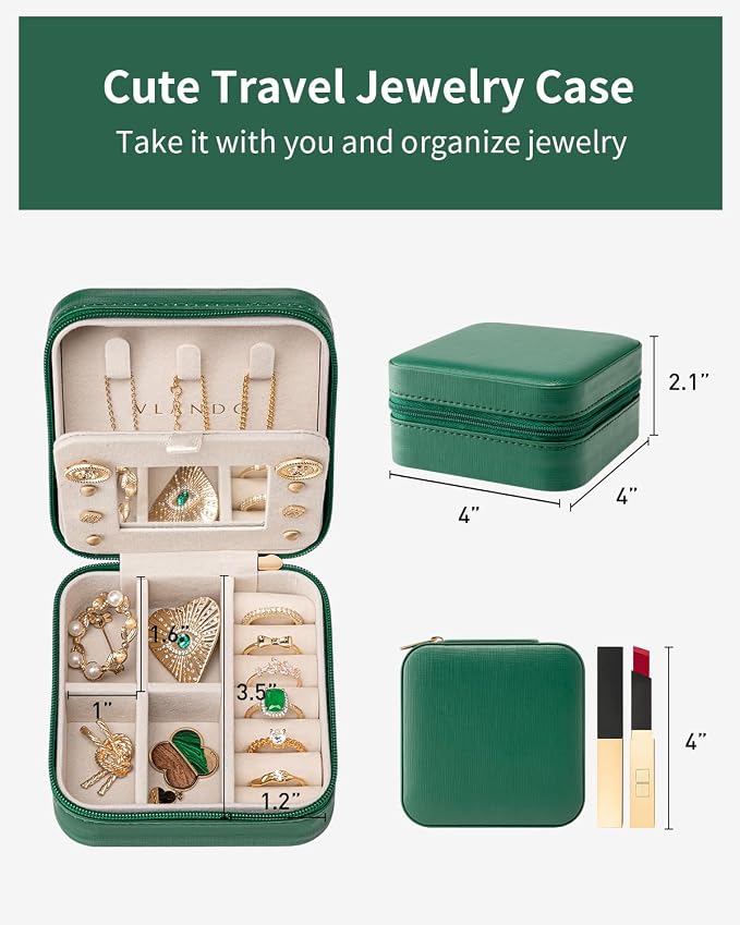VLANDO Small Travel Jewelry Box Organizer - Girls Women Gift Rings Earrings Necklaces Jewelry Storage Display Case with Mirror Dark Green - Image 5