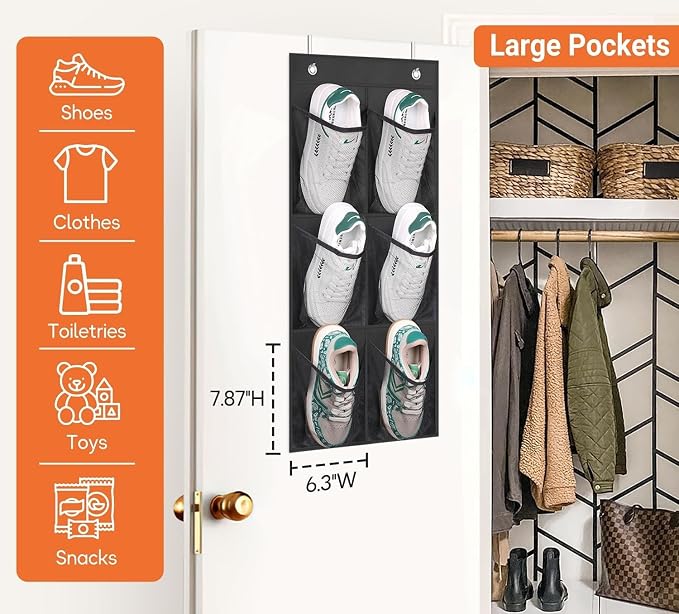 KIMBORA 2 Packs Narrow Over the Door/Wall Shoe Organizer, Small Hanging Shoe Rack for Closet with Clear Mesh Pocket for Bathroom, RV, Pantry, Camping (Black) - Image 3