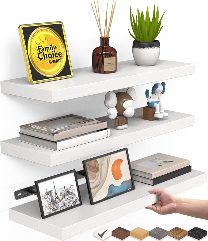 BAYKA White Floating Shelves for Wall Set of 3, Rustic Wood Wall Shelves with Metal Brackets for Bathroom, Bedroom, Kitchen, or Living Room Decor Organization, Sturdy Storage with 22lb Capacity by Bayka