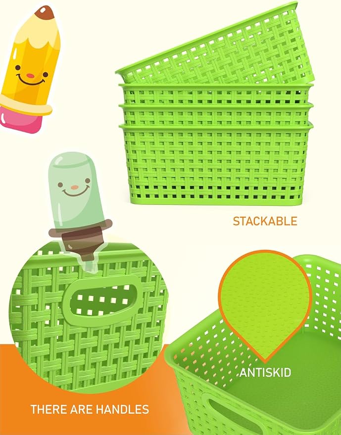 WYT 6-Pack Plastic Small Shelf Storage Weave Baskets Organizing for Cabinets and Pantries, Green - Image 3