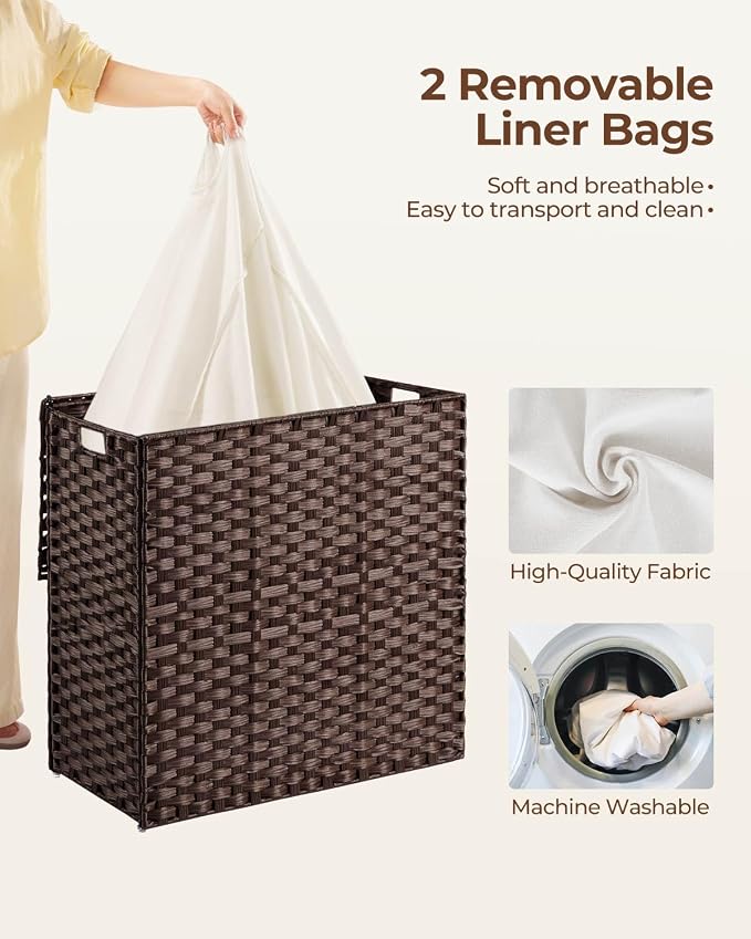 Greenstell Laundry Hamper with lid, No Install Needed, 130L Wicker Laundry Baskets Foldable 2 Removable Liner Bags, 2 Section Clothes Hamper Handwoven Rattan Laundry Basket with Handles, Brown - Image 4