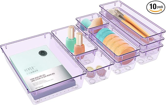 StorMiracle 10 PCS Drawer Organizer Set, 4 Varied Size Bathroom and kitchen Drawer cabinet organizer Trays, Clear Storage Bins for Makeup, Jewelry, Utensils and Gadgets, Purple by StorMiracle
