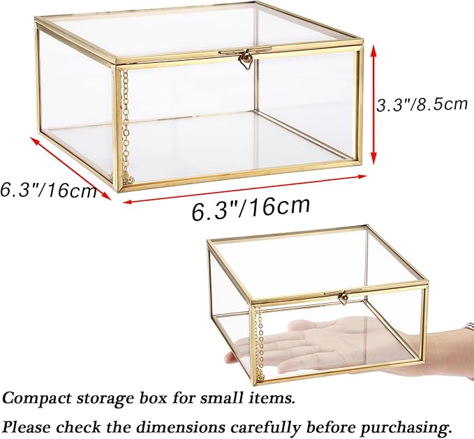 Hipiwe Vintage Glass Jewelry Organizer Box - Golden Metal Keepsake Box Desktop Jewelry Organizer Holder Wedding Birthday Gift Square Vanity Decorative Box for Dresser,6.3"x 6.3"x 3.35" - Image 2