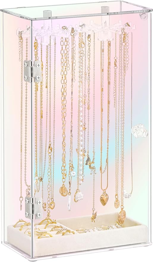 Cirhy Iridescent Acrylic Necklace Holder, Necklace Organizer with 24 Rotatable Hooks, Rainbow Jewelry Organizer Display Box with Velvet Tray for Long Necklaces Pendant Bracelets Rings Earrings by Cirhy