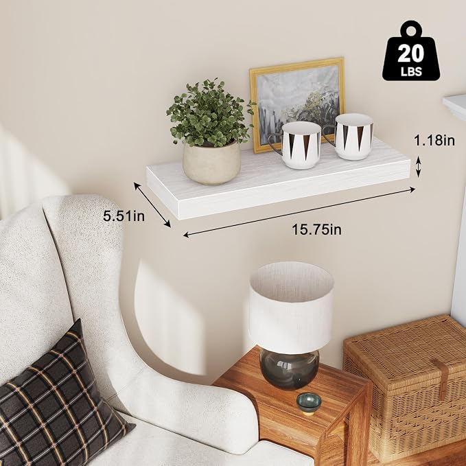 Fixwal Floating Shelves for Wall, 15.7" Wood Wall Mounted Shelves for Living Room, Bedroom, Bathroom and Kitchen, for Storage, Books, Room Decor (White, Set of 2) - Image 3