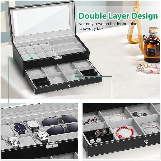TomCare Watch Box Watch Case Jewelry Organizer Holder Jewelry Display Box Case Sunglasses Storage Organizer Lockable with Glass Top and PU Leather for Men Women, Black - Image 3