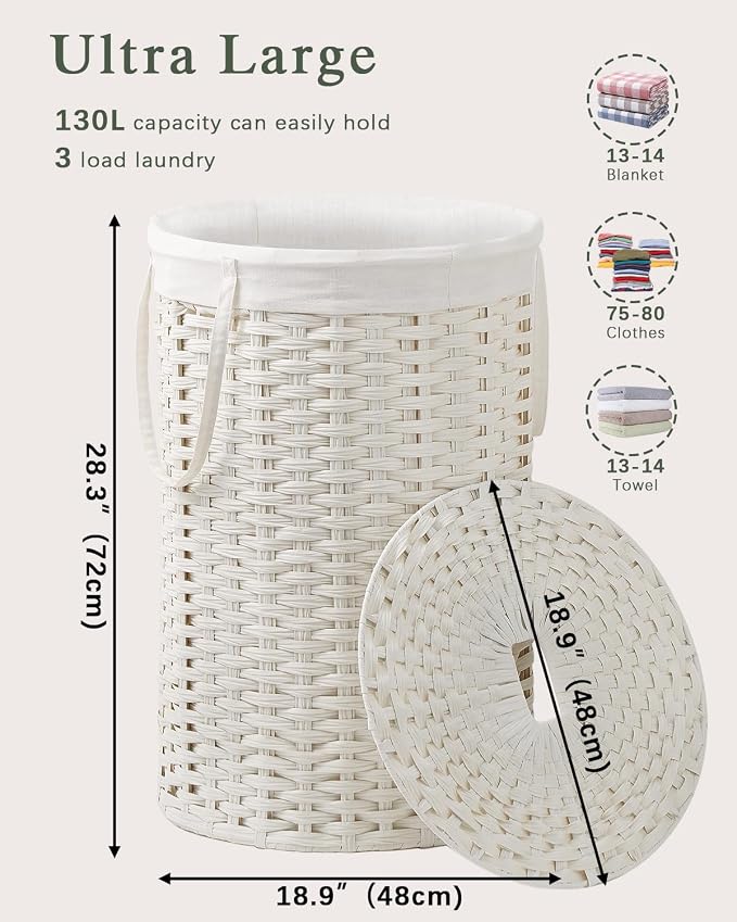 SETVSON Large Laundry Hamper Laundry Basket Round 34.3 Gal (130 L) Handwoven Wicker Laundry Baskets Rattan Laundry Basket with Laundry Bag Handles 2 Mesh Bags for Living Room Bedroom White - Image 4