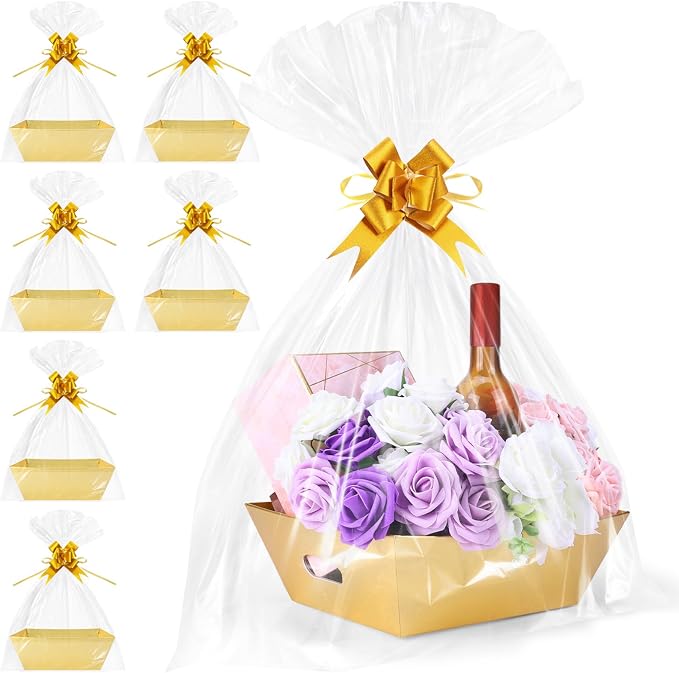 AFOROEOA 6PACK Gold Baskets for Gifts Empty, 12x10x4” Thick Cardboard Gift Basket Kit with 6 Bows & 6 Bags - Kraft Empty Gift Baskets for Christmas, Weddings, Birthdays, Holiday Gifting by AFOROEOA