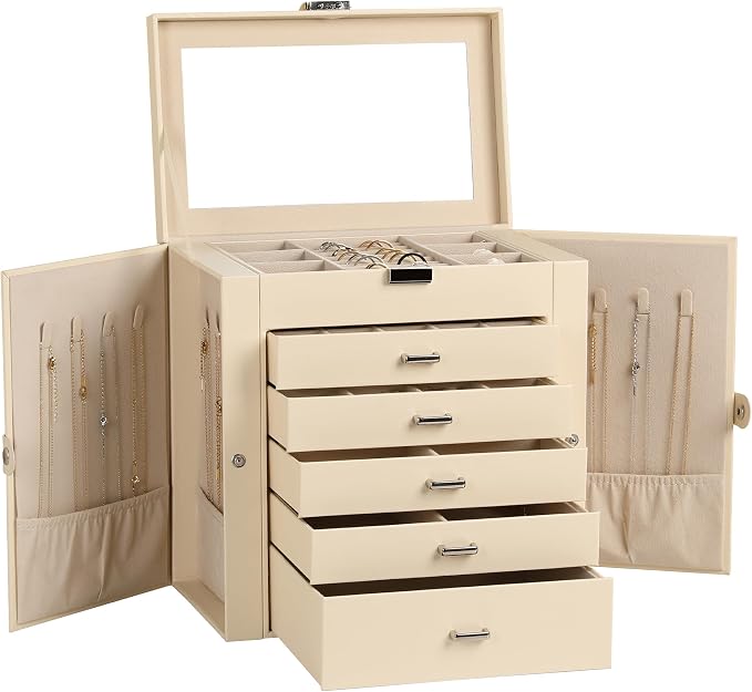 Frebeauty Large Jewelry Box,6-Tier PU Leather Jewelry Organizer,Multi-functional Storage Case with Mirror,Accessories Holder with 5 Drawers for Necklace Bracelets Watches(Beige) by Frebeauty