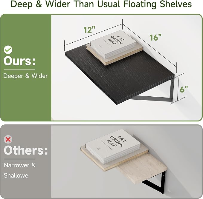 Heimlove 12 Inch Deep Floating Shelves for Wall, 16W x 12D Wide Black Floating Shelves Heavy Duty Wall Mounted Shelves, Wood Wall Shelves for Living Room Bedroom Bathroom Kitchen- Set of 4 - Image 3