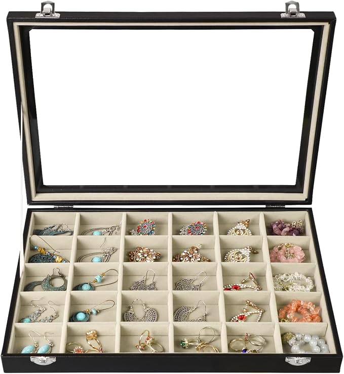 Stratalife Earring Organizer Jewelry Holder Organizer Drawer Earring Storage Jewelry Tray with Clear Lid Ring Box for Women Girls Anti Tarnish 30 Grid (Beige Black) by Stratalife