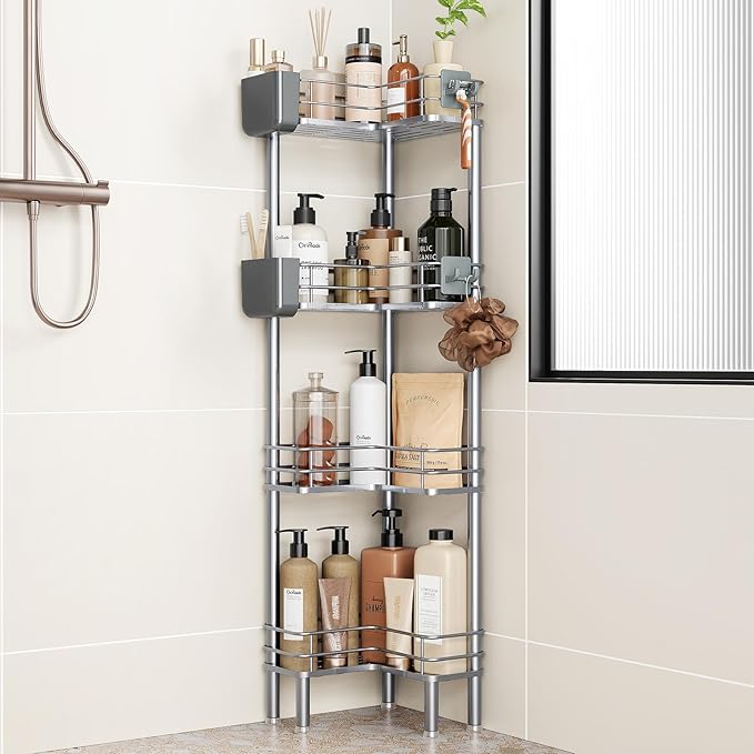 Orimade Rustproof 4 Tier Floor Standing Corner Shower Caddy Organizer with Toothbrush Holder, Large Spacing Floor Shower Shelf Rack Storage Stands with Hooks for Bathroom Kitchen, Silver by Orimade