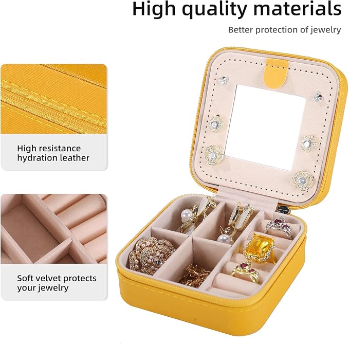 KElofoN Travel jewelry case Travel jewelry box Travel Jewelry Organizer Small Jewelry Organizer Box Gift for Girls Women with Mirror (Yellow) - Image 4