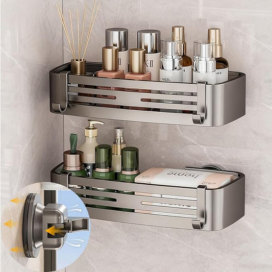 2Pcs Suction Cup Shower Caddy,Upgrade Extra-Strong Suction Shower Shelves with Hooks,No Drilling Waterproof & Rustproof Bathroom Organizers and Storage,Reusable Shower Racks for Shampoo and Toiletries by ONXEBornforqualityNeverWasteYourMoney