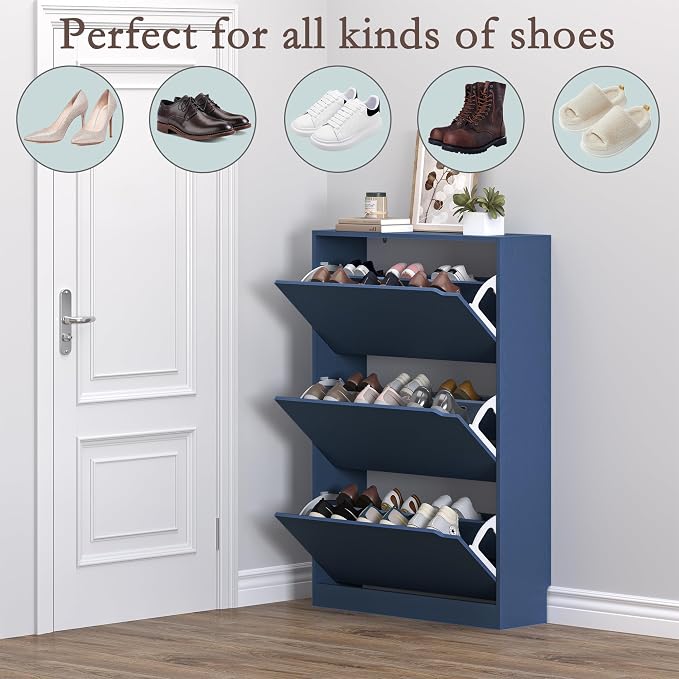 BORNOON Shoe Cabinet with 3 Flip Drawers, Hidden Wood Shoe Cabinet,Freestanding Shoe Storage Cabinet for Entryway Hallway. 47.2" H*31.5" W*9.45" D - Image 4