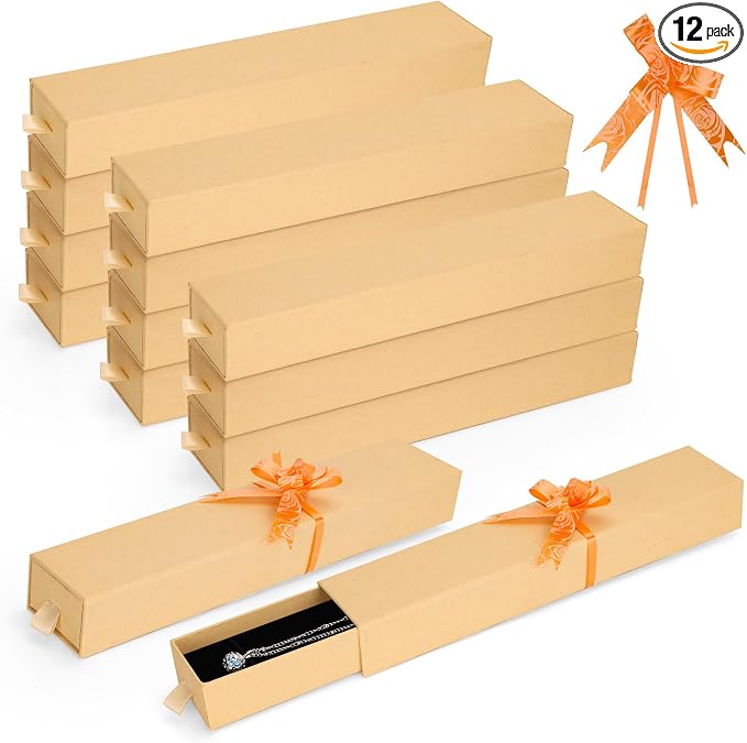 12-Pack Drawer Style Jewelry Gift Boxes with Sponge Insert, 8.7"x1.8"x1.2" Necklace & Bracelet Display Box for Presentation, Cardboard Storage Organizer for Pendant, Ring, Earring - Kraft Brown by MATUFF