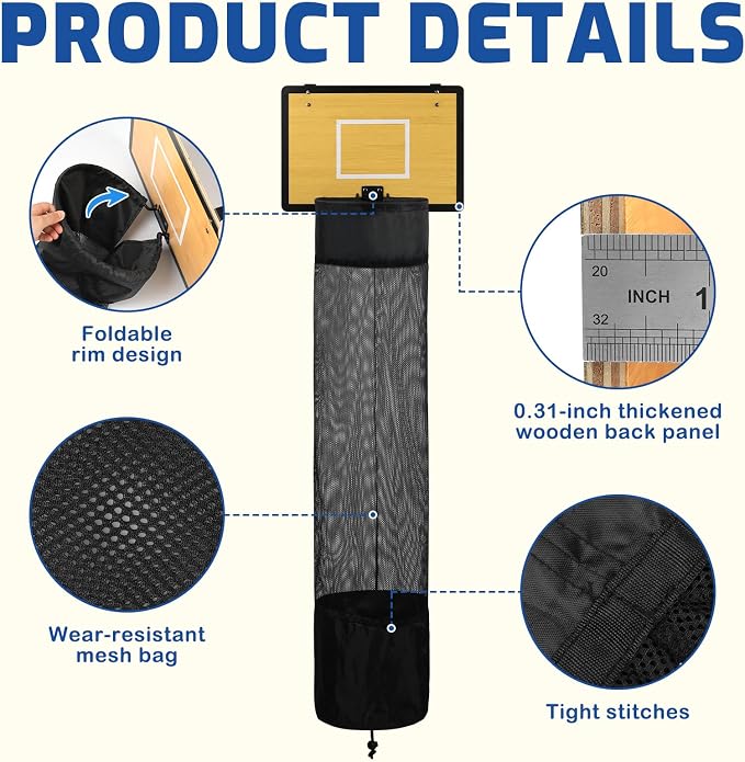 Wooden Basketball Laundry Hamper, Over the Door Hanging Basketball Hoop Laundry Basket with Drawstring, Space Saving Dirty Clothes Solution for Kids Room, Dorm Rooms, Bathroom - Image 3