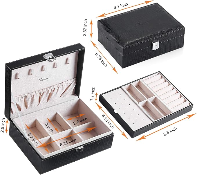 Voova Jewelry Box Organizer for Women Girls, 2 Layer Large Men Jewelry Storage Case, PU Leather Display Jewellery Holder with Removable Tray for Necklace Earrings Rings Bracelets, Vintage Gift, Black - Image 6