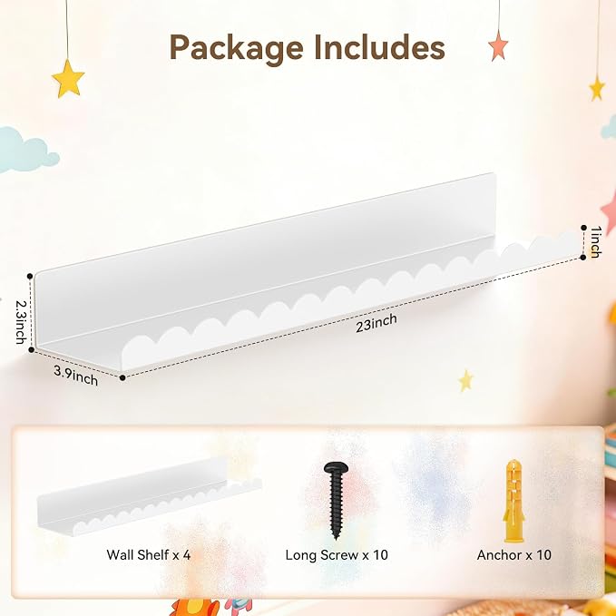 Floating Shelves for Wall, 23 Inch Metal Nursery Book Shelves 4 Pack, Wall Mounted Book Shelf for Kids Room, Bedroom, Bathroom, Playroom Decor （White） - Image 2