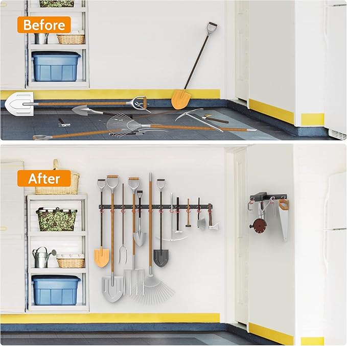 WALMANN All Metal 64 Inch Wall Mount Garden Tool Organizer for Garage, Mop and Broom Holder, Yard Tool Storage Rack for Rake, Shovel, Spade, Mop, Broom(4 Rails, 16 Hooks) - Image 6