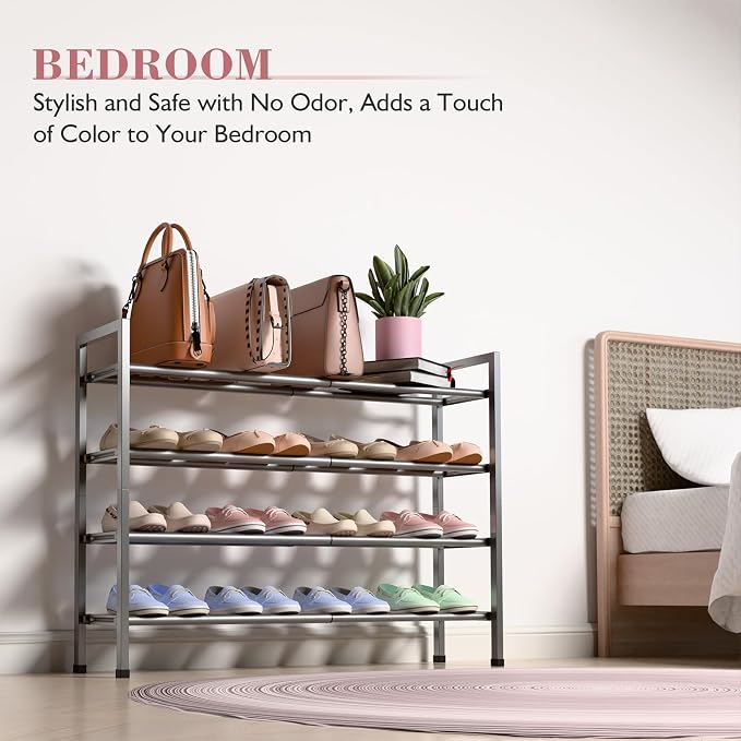 Bumusty 4-Tier Expandable Shoe Rack for Closet, 18“-33” Adjustable Shoe Rack for Small Space, Small Shoe Organizer for Front Door, Sturdy Metal, Gray - Image 4