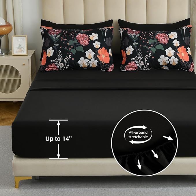 Yiran Black Red Floral Comforter Set Queen Size, 7 Piece Winter Comforter Bedding Set, Colorful Farmhouse Bed in a Bag, Soft Microfiber Complete Bedding Set with Sheets for All Season