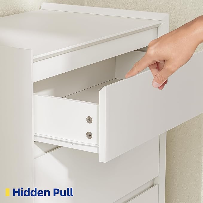 24" Wide White Dresser for Bedroom, 5 Drawer Vertical Chest, Modern Matte Wood Tallboy with Anti-Tip Kit, Space-Saving Storage Organizer for Closet & Small Spaces, Handle-Free