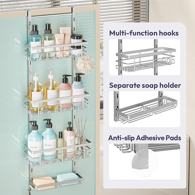 SWTYMIKI Over The Door Shower Caddy - 4 Tier Rustproof Hanging Shower Organizer with Adjustable Shelves, 40 Hooks & Soap Holder, Hanging Shower Rack Storage for Bathroom Accessories, Silver - Image 3