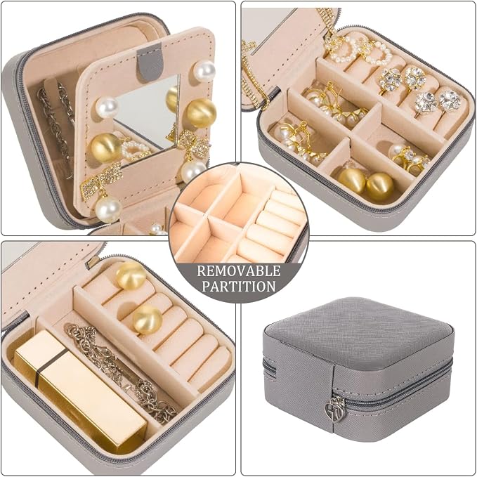 KElofoN Travel jewelry case Travel jewelry box Travel Jewelry Organizer Small Jewelry Organizer Box Gift for Girls Women with Mirror(Grey) - Image 5