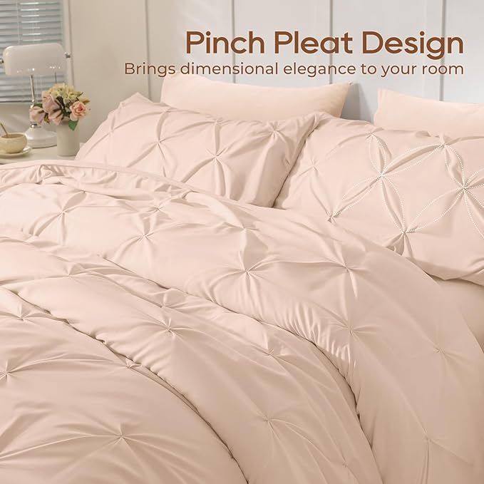 Sasttie California King Comforter Set, 7-Piece Bed in a Bag, Pintuck Bedding Sets for All Season, Includes Comforter, Flat Sheet, Fitted Sheet, Pillowcases and Pillowshams, Blush Pink