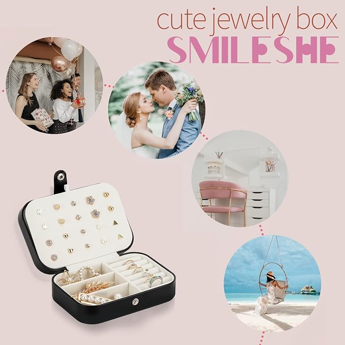 Smileshe Jewelry Box, PU Leather Small Portable Travel Case, 2 Layers Organizer Display Storage Holder Boxes for Rings, Earrings, Necklaces, Bracelets - Image 3