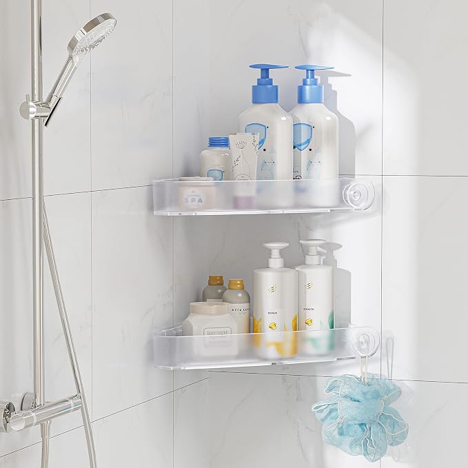 Sotfamily Plastic Shower Caddy Corner (for 90° Only), 2 Pack Adhesive Corner Shower Shelves for Bathroom Organizers and Storage, Frosted Clear - Image 3