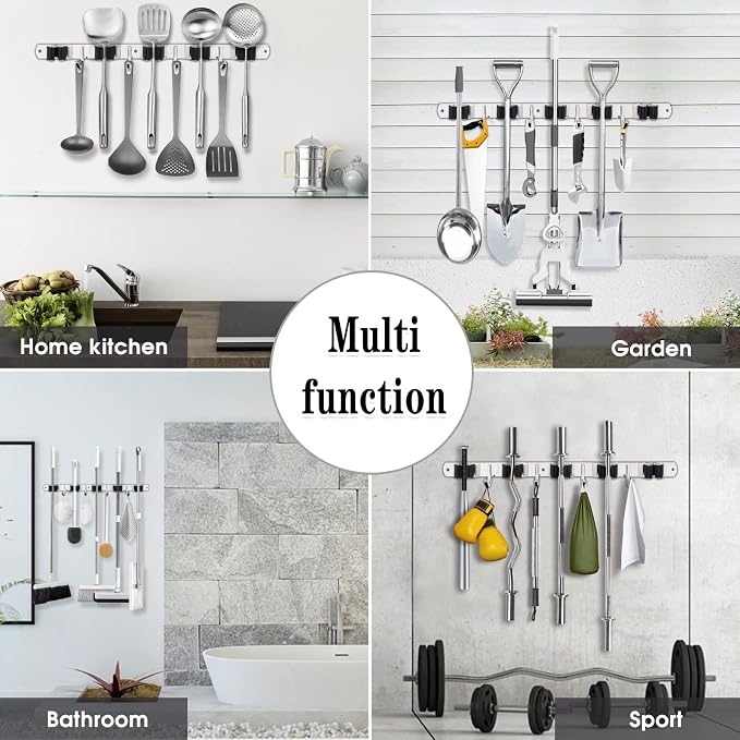 2 Pack Mop and Broom Holder Wall Mount, 5 Racks and 4 Hooks Broom Organizer Storage Tool Racks Stainless Steel Heavy Duty Hooks Self Adhesive Solid Non-slip for Home Kitchen Garden Laundry Garage - Image 7