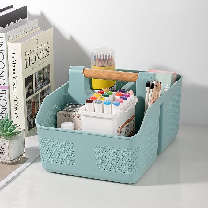 rejomiik Shower Caddy Portable with Bamboo Handle, Plastic Basket Cleaning Caddy Organizer Storage Tote for Bathroom, College, Dorm Room Essentials, Blue - Image 6