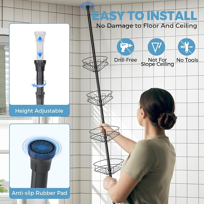 Corner Shower Caddy Tension Pole，4 Tier Adjustable Bathroom Organizer Shelves，Inside Shower Storage With Hidden Hook & Towel Holder,63.7-119 Inch No-Drill Quick Installation Shower Rack,Black - Image 4