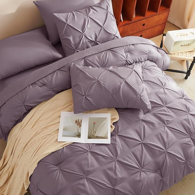 CozyLux King Size Comforter Set Grayish Purple, 7 Pieces Bed in A Bag Purple Comforter King Size, Pinch Pleat Bedding Set with All Season Comforter, Sheets, Pillowcases & Shams