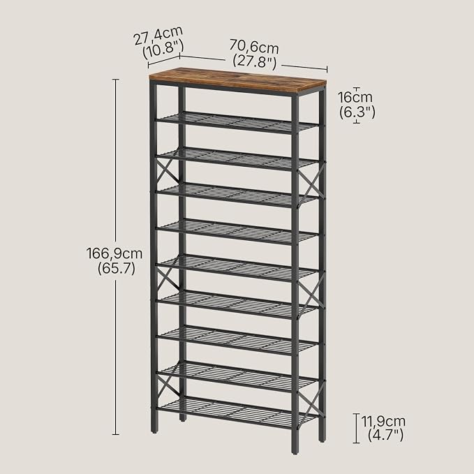 YATINEY 10 Tier Shoe Rack, Large Capacity Shoe Storage Organizer Holds 40 Pairs, Sturdy and Stable, for Entryway, Hallway, Closet, Dorm Room, Rustic Brown SS10BR - Image 3