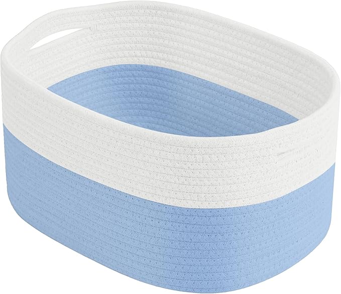 ECDYQXVU Cotton Rope Storage Basket, 15x10x9 Inches, Woven Basket for Shelves, Clothes, Towels, Books, and Laundry, White Blue (1 Pack) by ECDYQXVU