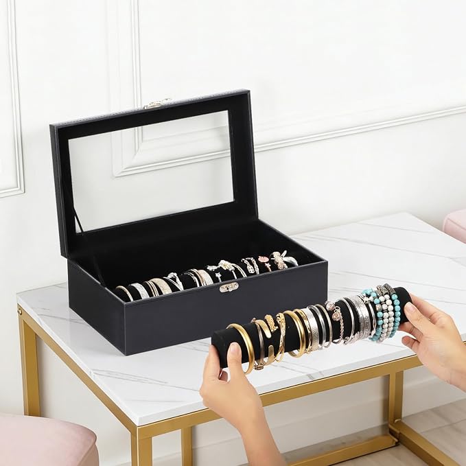 AUTOARK Bracelet & Watch Storage Box with Glass Lid & 2 Anti-Roll Rods,PU Leather Jewelry Case,Soft Lined Locking Organizer for Women,Gift for Dresser & Cabinet Display,Black,MKAW145 - Image 5
