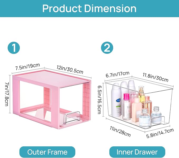 Vtopmart 4 Pack Large Stackable Storage Drawers,Pink,Easily Assemble Acrylic Bathroom Closet Undersink Organizers and Storage,Plastic Bins for Kitchen Cabinets,Pantry,Makeup,Medicine Organization - Image 3