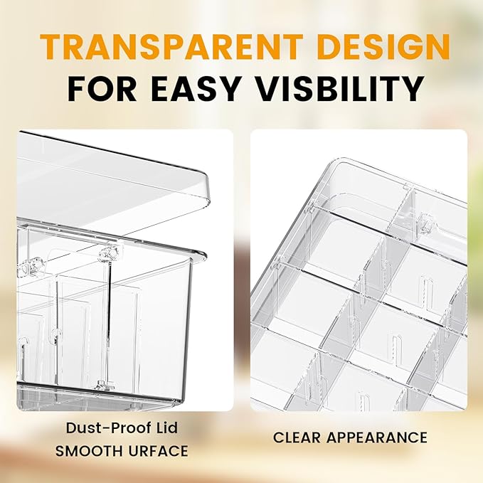 Socks Bra Underwear Drawer Organizer for Closet, 2 PCS Plastic Storage Box with 15 Removable Compartments and Lid, Clear Dresser Drawer Organizer Storage Container with Dividers for Sock Ties Belts - Image 7