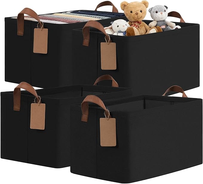 CHICVITA 4 Pack Large Storage Baskets for Shelves, Collapsible Shelf Baskets for Organizing, Fabric Closet Organizers and Storage Bins with Metal Frame, 16.8" x 11" x 9.8", Black by CHICVITA
