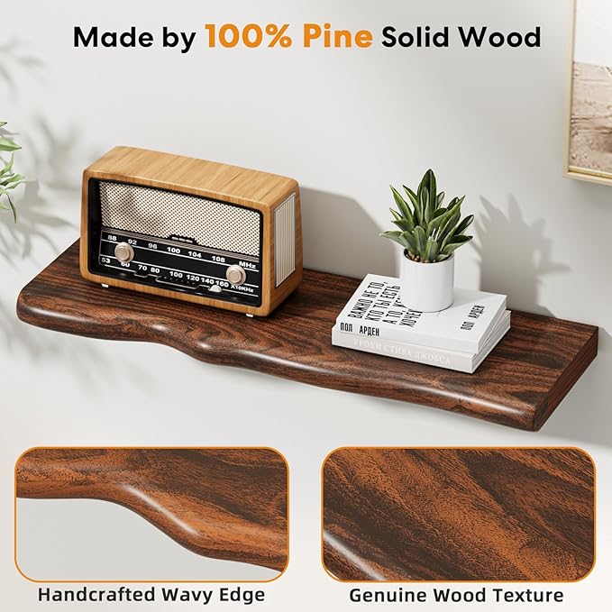 Solid Wood Live Edge Floating Shelves Set of 2 – 24" Rustic Wall Shelf with Hidden Bracket System, Wall Mounted Shelves for Bathroom, Kitchen, Living Room, Bedroom (Glazed Walnut) - Image 4